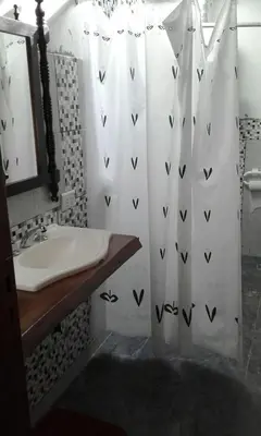 a bathroom with a sink and a shower curtain at La Casita de Sil in Mina Clavero