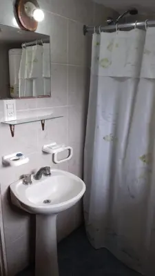 a bathroom with a sink and a shower curtain at Lo de Lili Departamentos Mina Clavero in Mina Clavero