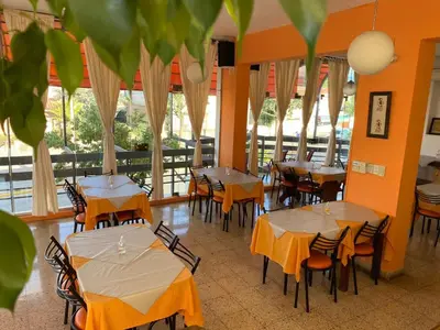a restaurant with tables and chairs with orange walls at Hotel Los Aromos in Mina Clavero
