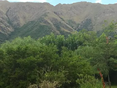 a mountain range with trees and mountains in the background at Cabañas Valentina in Cortaderas