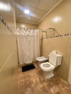 a bathroom with a toilet and a shower curtain at Alto Valle in Nono