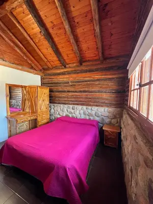 a bedroom with a bed with a pink blanket at Cabañas y Toboganes Rancho la Ñata in Mina Clavero
