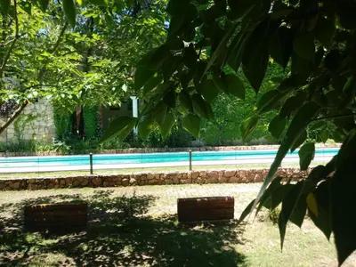 two benches sitting in the grass near a swimming pool at Hotel Sierras in Mina Clavero
