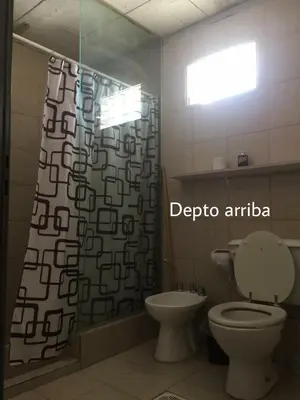 a bathroom with a toilet and a shower curtain at Complejo Navi in Mina Clavero