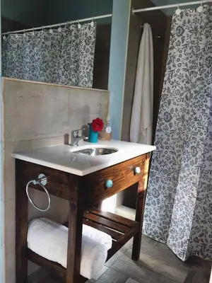 a bathroom with a sink and a shower at La Antonia Elvira in Los Reartes