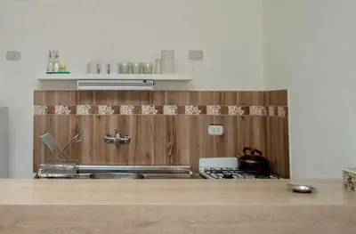 a kitchen with a stove and a counter top at Sierras Apartamentos in Villa Santa Cruz del Lago