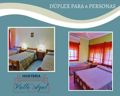 two pictures of a hotel room with two beds at Hosteria Valle Azul in Villa del Dique