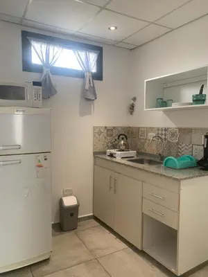 a kitchen with a white refrigerator and a sink at EFE Aparts in Mina Clavero