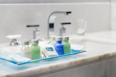 a bathroom counter with bottles of detergent and bleach at Epic Hotel Villa de Merlo in Merlo