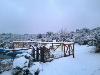 a snow covered garden with a wooden bridge and trees at Cabañas Quisama in Nono