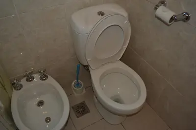 a bathroom with a toilet and a bidet at Der Wald cabañas in Los Reartes