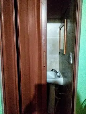a bathroom with a sink and a wooden door at Residencial Marluc in Río Cuarto