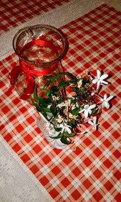 a glass bowl of vegetables on a red and white table at Residencial Marluc in Río Cuarto