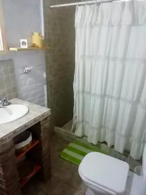a bathroom with a white shower curtain and a toilet at El Campito casa frente al río in Villa Carlos Paz
