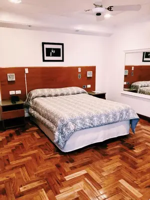 a bedroom with a large bed and a wooden floor at Hotel Petit in Cordoba