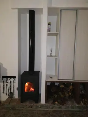a fireplace in a living room with a stove at Casa en Santa Rosa de Calamuchita in Santa Rosa de Calamuchita