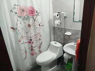 a bathroom with a toilet and a shower curtain with flowers at Departamento Manna in Alta Gracia