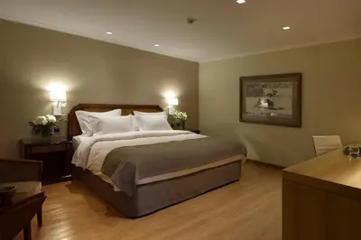 a bedroom with a large bed with two tables and two lamps at Windsor Hotel in Cordoba