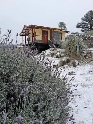 a small house on a snow covered hill with purple flowers at Cabañas Agalma in Villa Yacanto
