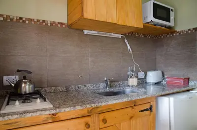 a kitchen counter with a sink and a microwave at Cabañas Agalma in Villa Yacanto