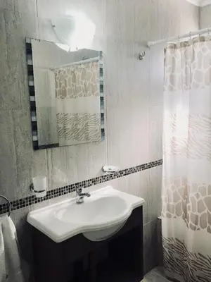 a bathroom with a sink and a shower curtain at Altos Serranos Apart in Merlo