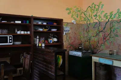 a kitchen with a stove and a wall with a painting at La Neofita in Mina Clavero