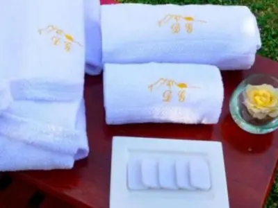 a table with towels and a bowl of flowers on it at Don Gregorio Spa in Merlo