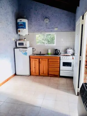 a kitchen with a white refrigerator and a stove at Apart Don Cosme in Santa Rosa de Calamuchita