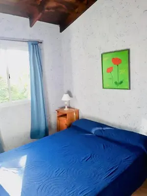 a bedroom with a blue bed and a window at Apart Don Cosme in Santa Rosa de Calamuchita