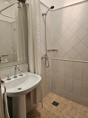 a white bathroom with a sink and a shower at Gran Hotel Victoria Cordoba Argentina in Cordoba