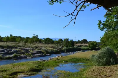 a river in the middle of a field with rocks at Cabañas Los Álamos Panaholma in Panaholma