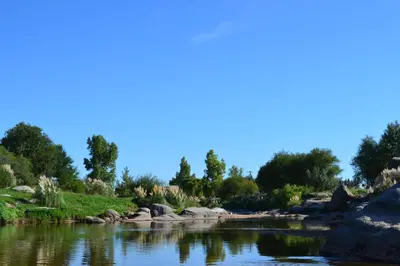 a river with rocks and trees in the background at Cabañas Los Álamos Panaholma in Panaholma