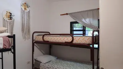 a room with two bunk beds and a window at Hostel El Refugio de Las Aves in Santa Rosa de Calamuchita