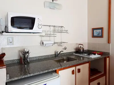 a kitchen with a sink and a microwave at Vistas Apart in Embalse