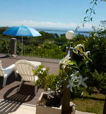 a patio with a chair and an umbrella and flowers at Vistas Apart in Embalse