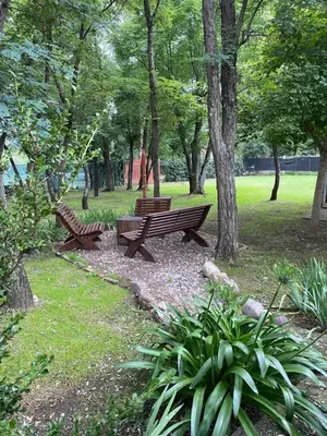 two benches in a park with trees and grass at Cabañas el Gauchito in Los Reartes