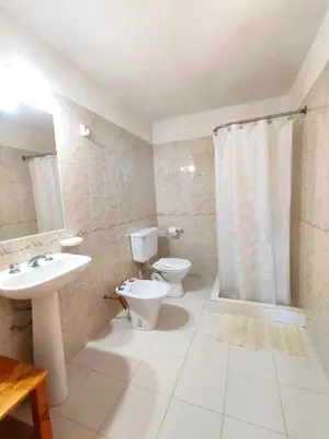 a bathroom with a toilet and a sink and a shower at Mirador del lago apart y cabañas- exclusivo adultos in Las Rabonas