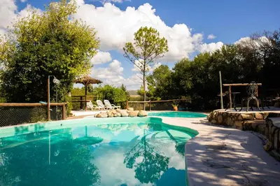 a swimming pool with blue water in a yard at Posada de Nono in Nono