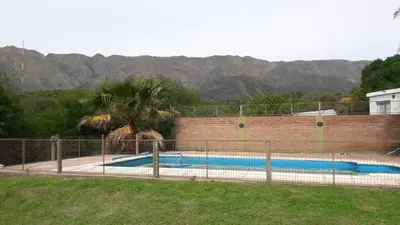 a pool with a palm tree next to a brick wall at Chalets Andalgala in Merlo