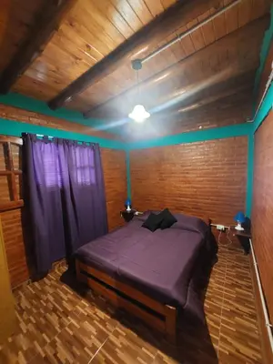 a bedroom with a purple bed in a wooden room at Departamentos La Familia in Mina Clavero
