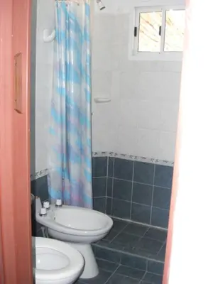 a bathroom with a toilet and a shower curtain at Altos del Mayu Cabañas - Alojamiento in San Antonio de Arredondo