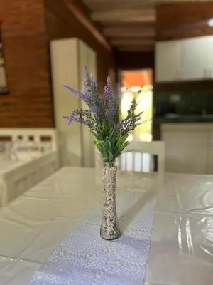 a vase with purple flowers sitting on a table at Casita siempre verde in Los Hornillos