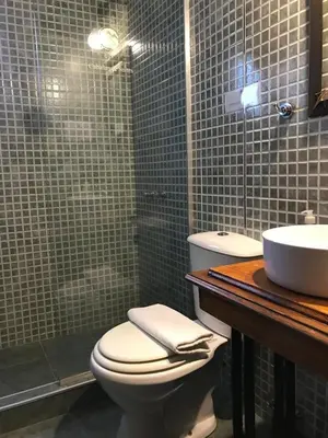 a bathroom with a toilet and a sink and a shower at La Osadia Cabañas y Suites Solo Adultos in Mina Clavero