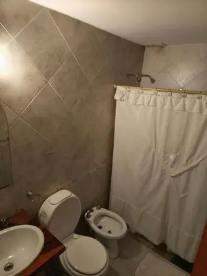 a bathroom with a toilet and a sink and a shower curtain at Alpamayo in Nono