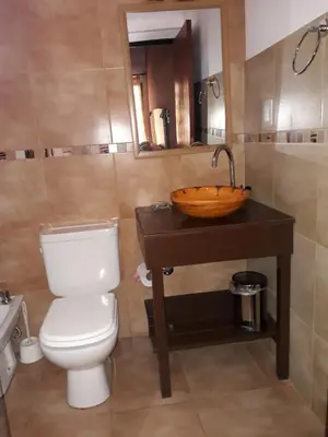 a bathroom with a toilet and a wooden sink at Villa Leandro in Mina Clavero