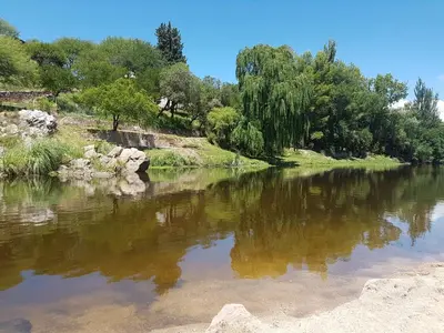 a river with trees on the side of it at Cabañas Don Eduardo in Mina Clavero