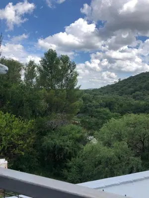 a view of a valley from a balcony with trees at Cabañas Don Eduardo in Mina Clavero