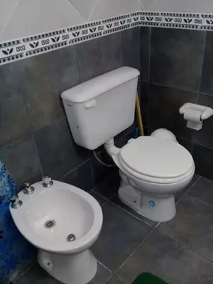 a bathroom with a white toilet and a sink at Cabañas Villa del Mirador in Bialet Massé