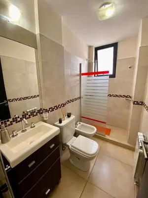 a bathroom with a white toilet and a sink at Dpto Edificio Tempo in Villa Carlos Paz