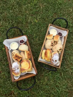 two trays of pastries are sitting on the grass at Reina de las Cortaderas in Merlo